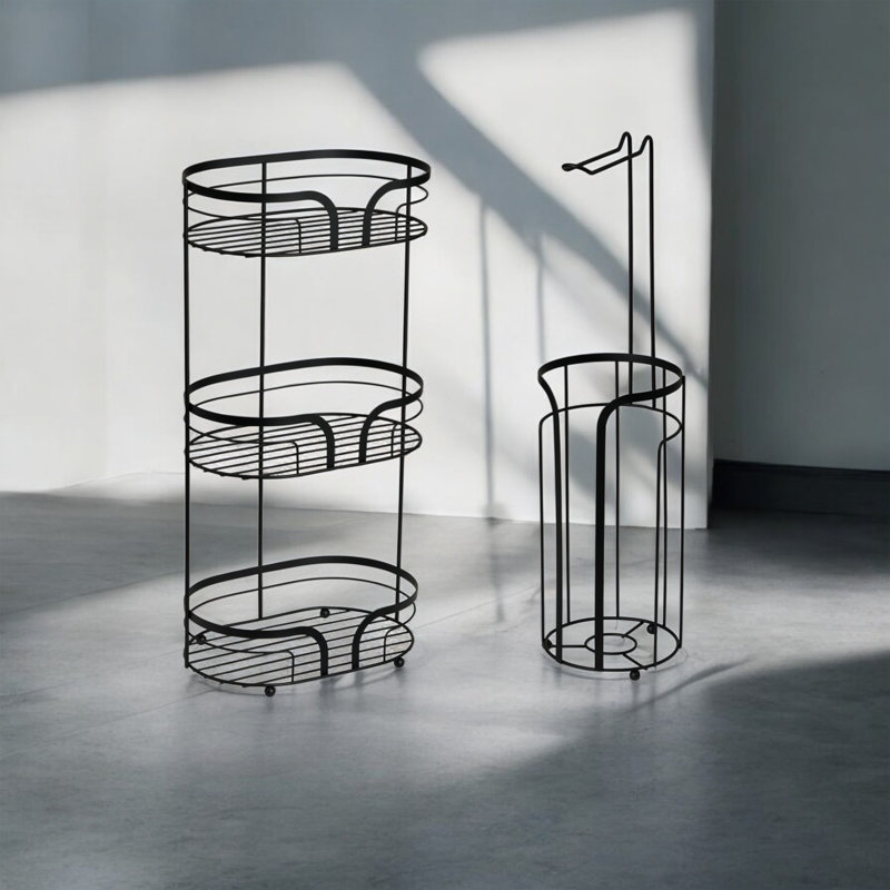Dante Chrome Floor Caddy And Toilet Roll Holder, Black