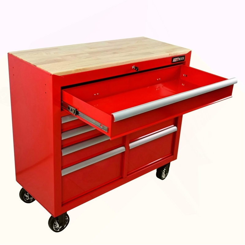 Chariot à outils multifonctionnel à 9 tiroirs avec roulettes et plateau en bois, Rouge