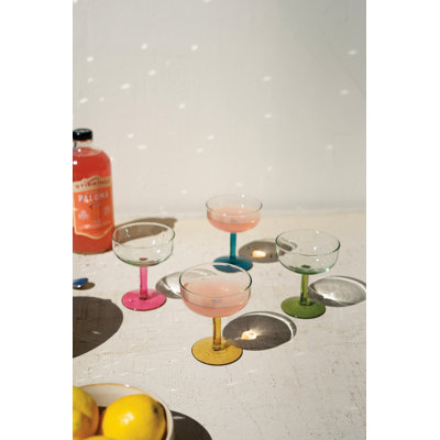  Coupe Glasses with Coloured Stems 4"H, Set of Four Handblown Recycled Glass