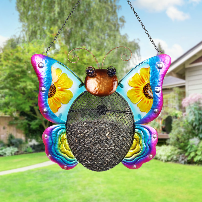Colorful Hand-Painted Metal Butterfly Hanging Bird Feeder