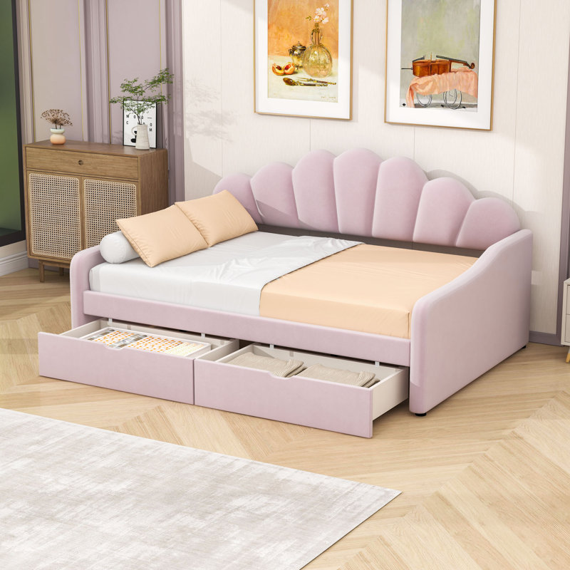 Upholstery Daybed Frame with 2 Drawers, Pink