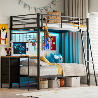  Bunk Bed With Removable Desk & Ladder, Metal Twin Over Twin Bunk Beds With Charging Station And Led Lights, 3 Storage Drawers, 13.4” Safety Guardrail, No Box Spring Needed, Black