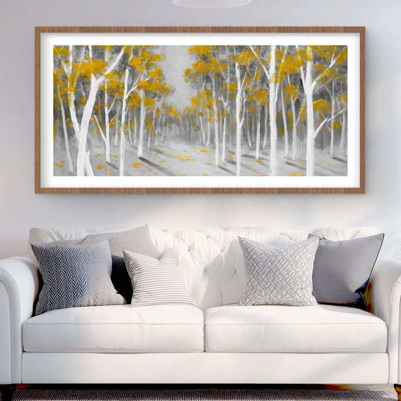 Yellow Birch Forest - reproduction encadrée avec passe-partout pour la décoration intérieure, H 24 po x l 48 po, Brun