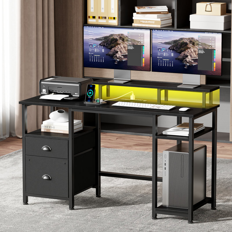 Computer Desk With Led Lights And Power Outlets, Gaming Desk With Monitor Stand,Home Office Writing Desk With Storage