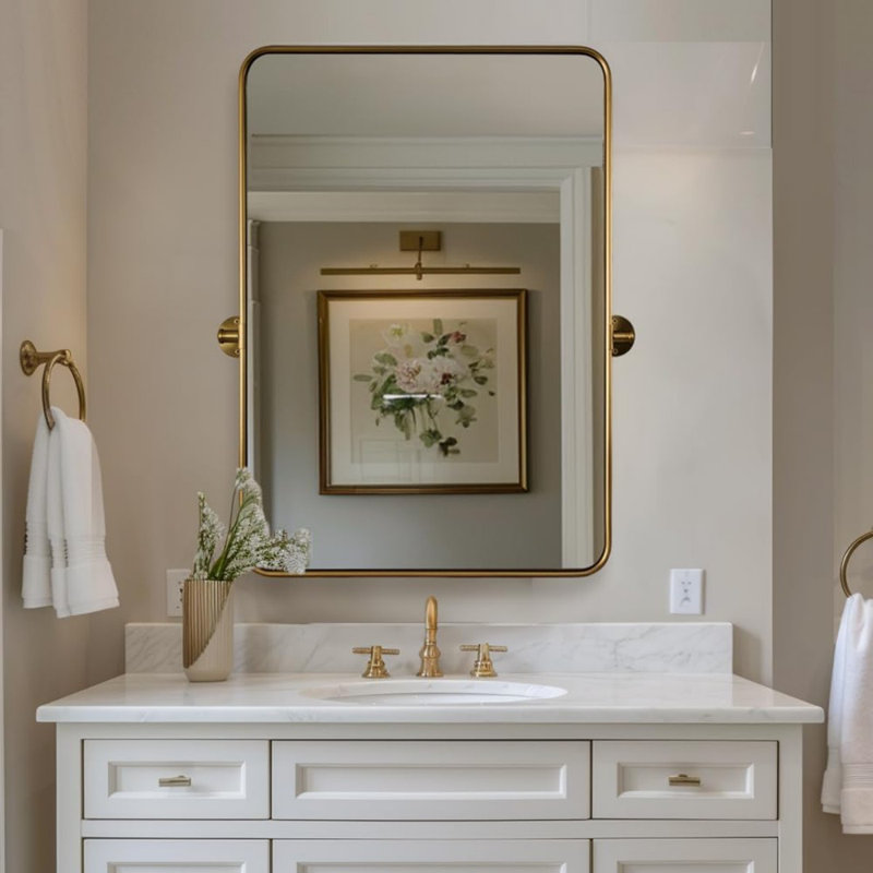 Miroir de salle de bain moderne inclinable, Or brossé, 28 po x 20 po