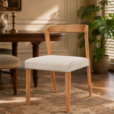 Solid Rubber Wood Dining Chairs(Natural Oak+Beige)Set of 2