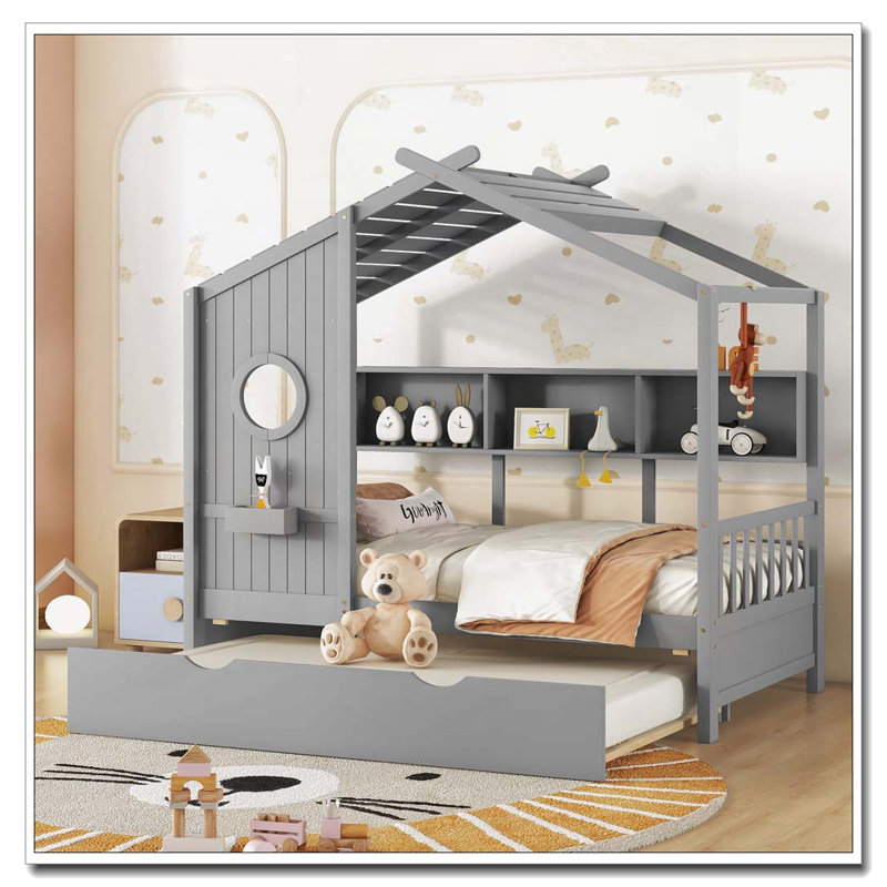 Lit maison avec lit gigogne, Gris, Lit simple