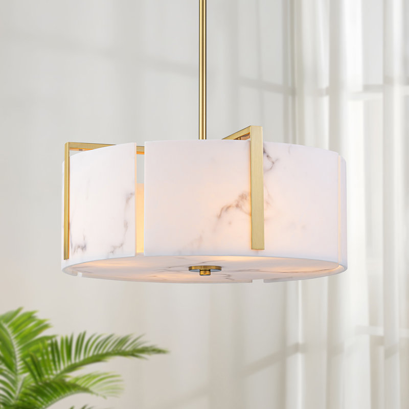 Lustre tambour 4 lumières faux albâtre, Doré