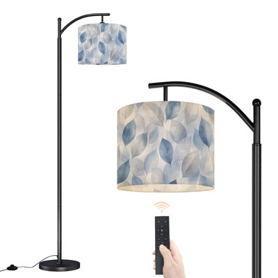 Dimmable LED Arc Standing Floor Lamp Seamless Blue Grey Leaves Watercolor, Height Adjustable Lamp Shade with Remote Controller, for Living Room Bedroom Office