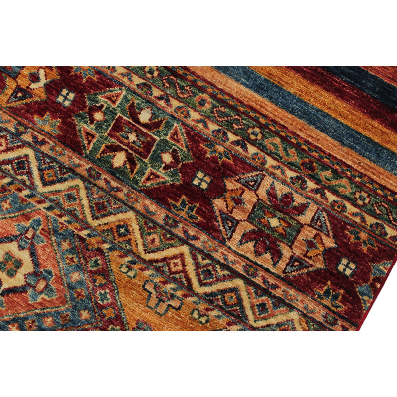 Tapis rouge / or en laine noué à la main de style sud-ouest Cartley 5 pi 8 po x 8 pi 1 po Cartley
