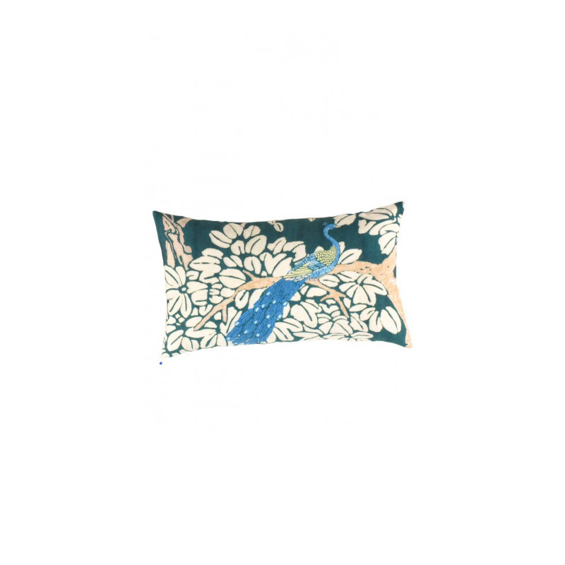 Coussin oriental turc en soie fine 16 po x 24 po, Bleu / blanc / vert; beige