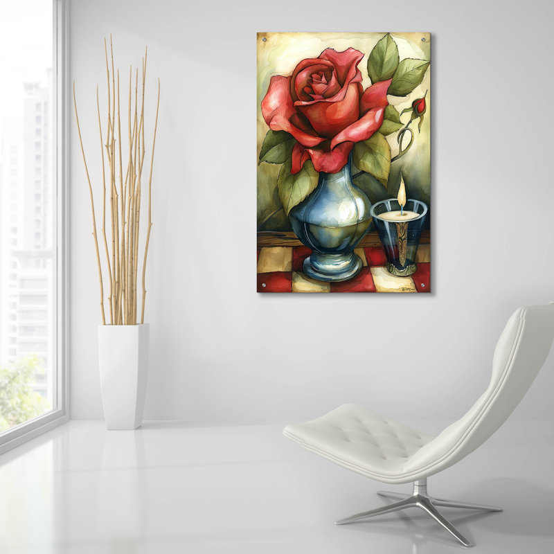 «Rose dans un vase avec bougie» par Momart, art mural en verre acrylique, H 36 po x l 24 po x P 0,2 po