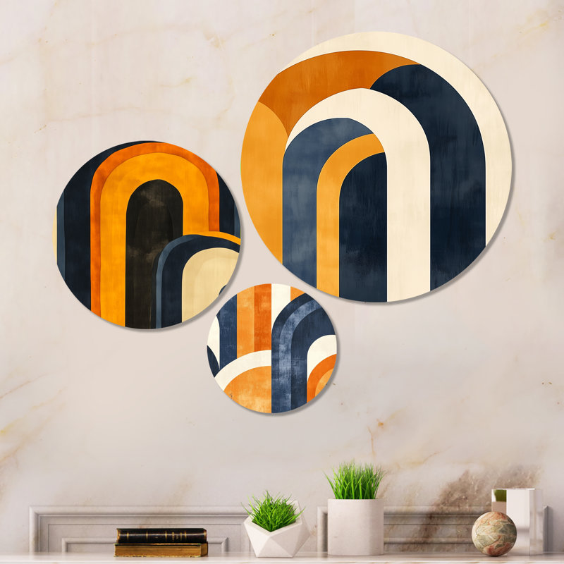 «Bold Arch Play in Mustard and Blue», ensemble de 3 reproductions d'art murales abstraites en métal