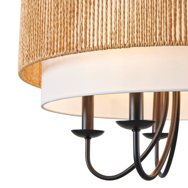 Luminaire suspendu candélabre en rotin 5 lumières avec diffuseur