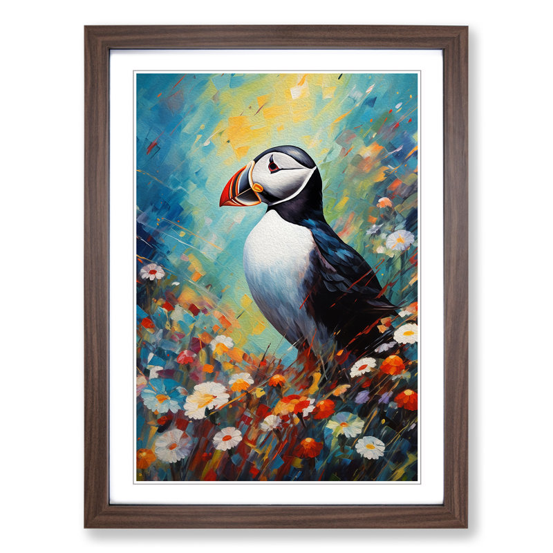 XYZ-FRM-V1223-5314 Puffin Expressionism - Single Picture Frame Print on Wood, 34cm H x 25cm W x 2cm D, Walnut