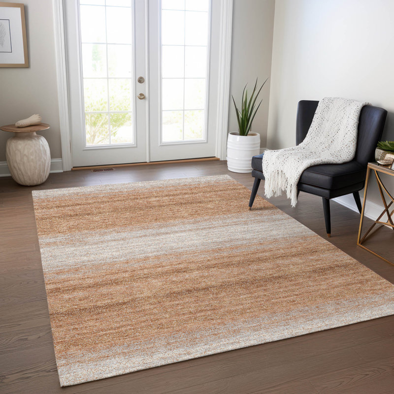 Copper and Beige 10' x 14' Synthetic Stripe Washable Rug