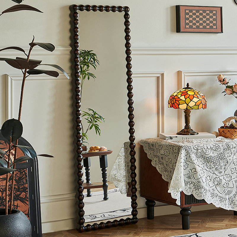 French Vintage Teak Pearl-Shaped Frame Full-Length Mirror