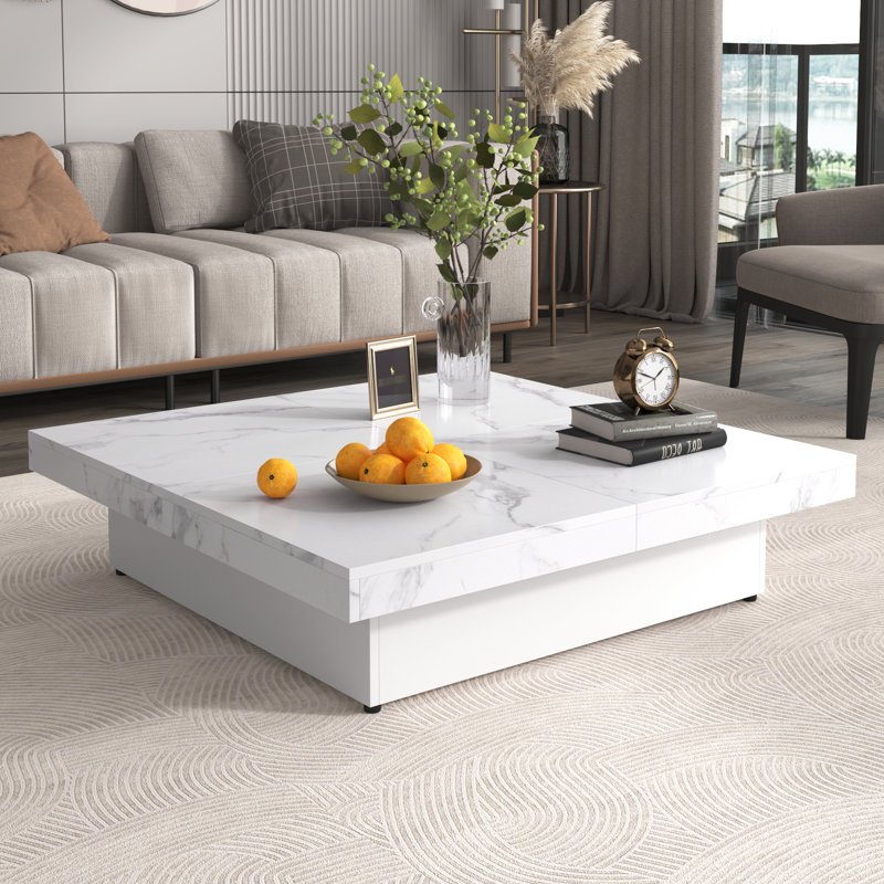 39.4'' Square Coffee Table, Marble Veneer, White, Sliding Top & Multipurpose Storage Design White 39.4'', Box