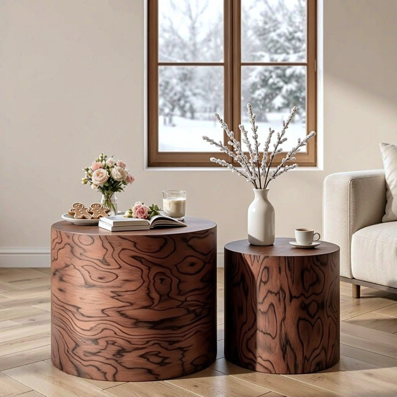 Ensemble de 2 tables basses gigognes rondes, table d'appoint en forme de souche d'arbre, sans assemblage, table d'appoint rustique à grain de tourbillon naturel pour le salon, décor de maison de campagne moderne Wabi-Sabi, pommeau brun