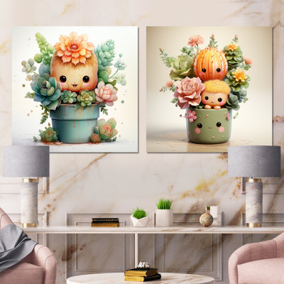 «Blossoming Tranquility Nursery Cactus I», ensemble de 2 reproductions d'art sur toile