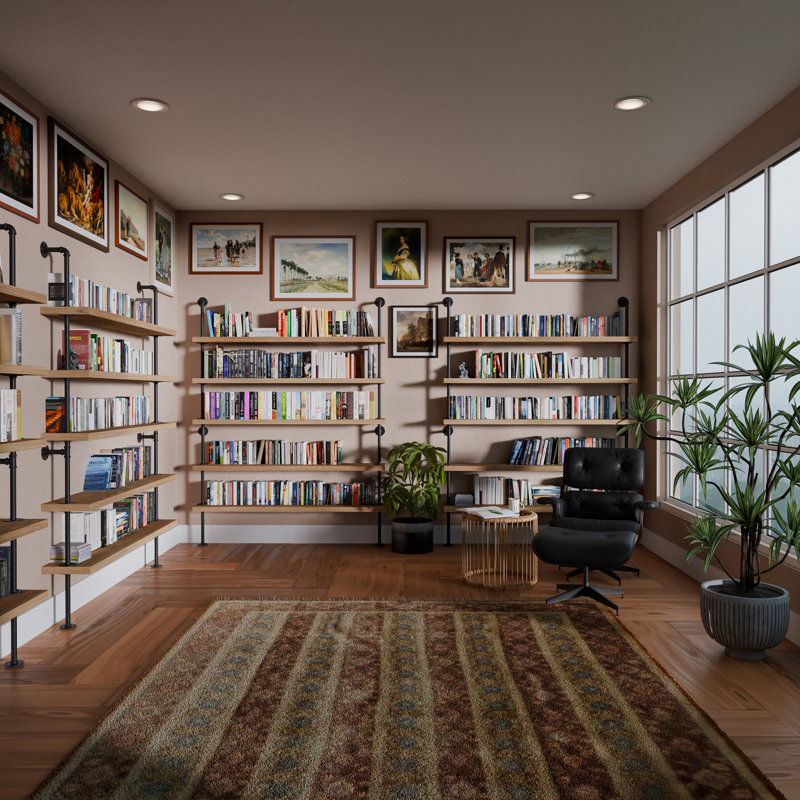 60" X 9.25" Pipe Bookcase, Industrial Book Shelves For Living Room & Office, 1.5" Thick Wooden Shelves For Home Organization, Rustic Decor, 5 Tier, Burnt