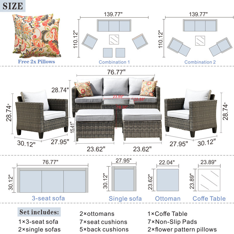 Ensemble de conversation avec canapé en rotin 6 pièces avec coussins GRST, Gris