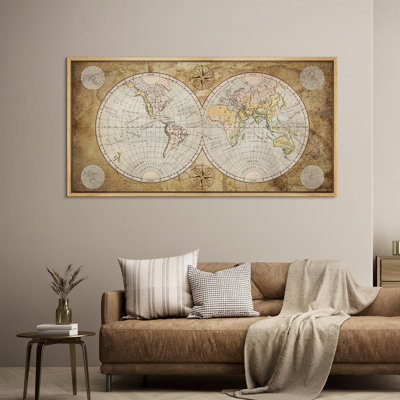 Carte du monde rétro avec illustrations de style antique, peinture rétro prête à accrocher