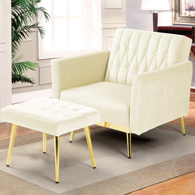 Siemon Velvet Accent Chair with Ottoman, Beige Velvet