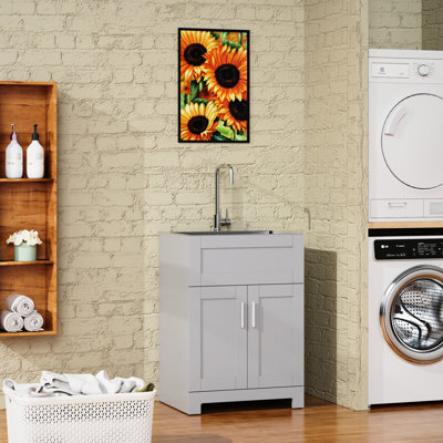 Meuble-lavabo de salle de bain 24 po - Gris. Avec résistance. Solution de rangement pratique. Acier inoxydable pour une utilisation quotidienne. Charnières pratiques. Armoire à meubles. Vaste article. Lavabo 304 #. Patins en plastique