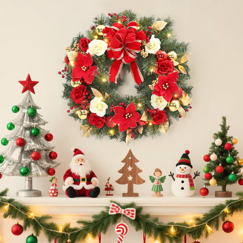 Couronne de Noël rouge 24 po pré-éclairée avec fleurs et nœud
