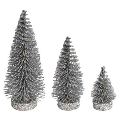 3"-5"-7" Silver Glitter Oval Pine Artificial Christmas Tree, Set of 3
