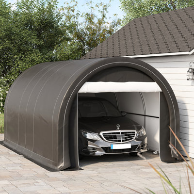 Abri d'auto 10 'x 16' - Tente robuste avec auvent en PE, grand accès à fermeture à glissière pour voiture, camion, bateau, moto, vélo, outils de jardin, activités de plein air, housse de couleur grise, entrée