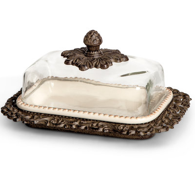 Cream Ceramic Butter Dish with Metal Work in Acanthus Leaf Design