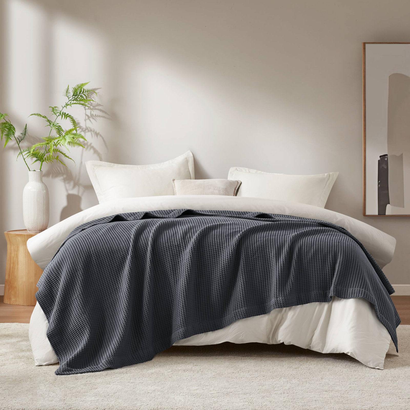 Waffle Weave 100% Cotton Blanket, Queen, Dark Gray