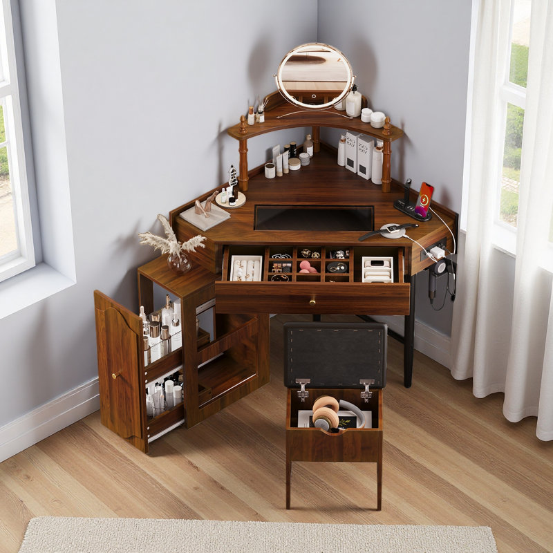 Ensemble de meuble-lavabo de coin avec tabouret de rangement rembourré et station de charge, bureau de maquillage triangulaire avec armoire latérale amovible, bureau de coiffeuse en verre avec tiroir et tablette