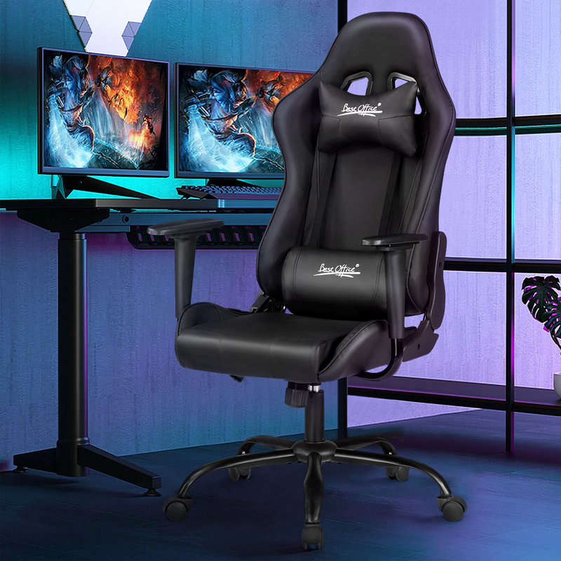 BestOffice Adjustable Reclining Faux Leather Swiveling PC & Racing Game Chair, Black