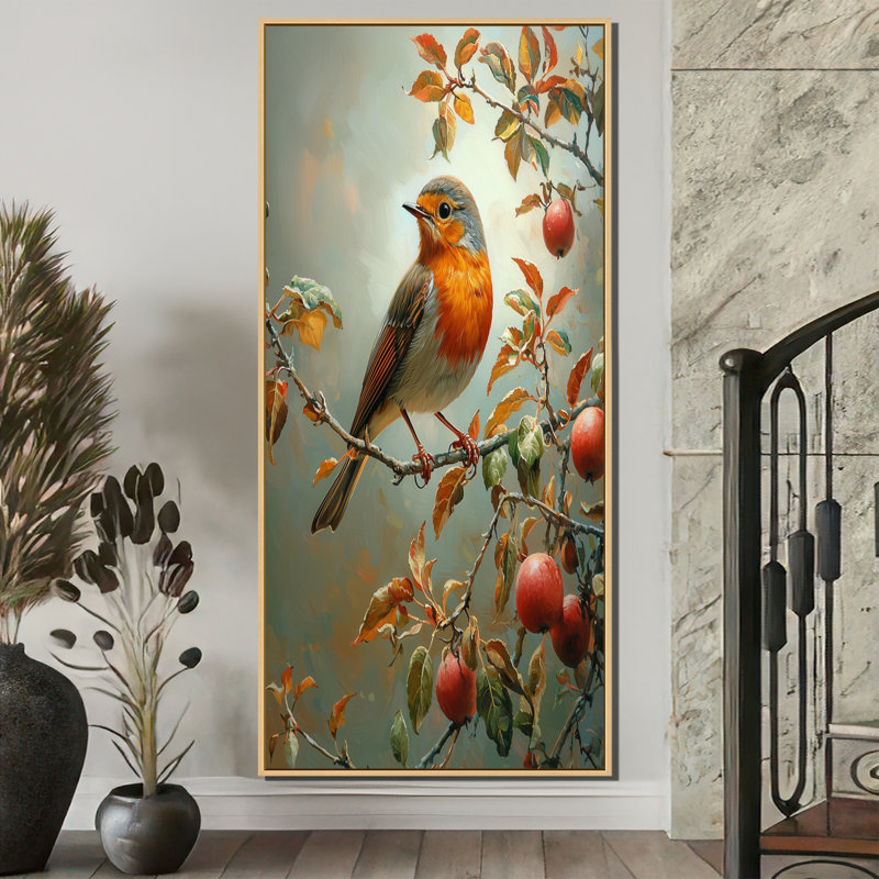 «Hazarika Robin Bird In The Farm Orchard II», art mural oiseau, H 60 po x l 28 po, Impression encadrée flottante