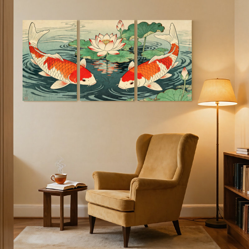Ensemble de 3 impressions sur toile Koi Fish Water Lily Pond, H 36 po x l 72 po