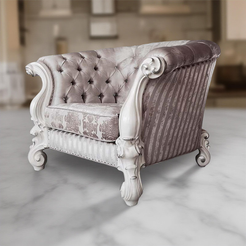 Chaise d'appoint Kai, 2 coussins, tissu ivoire touffeté, volute, bois blanc