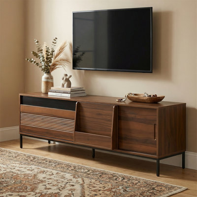 Tv Stand For Tvs Up To 75 In, 70.8" Mid Century Modern Entertainment Center With Sliding Doors, Adjustable Shelves, And Metal Frame For Living Room - Brown