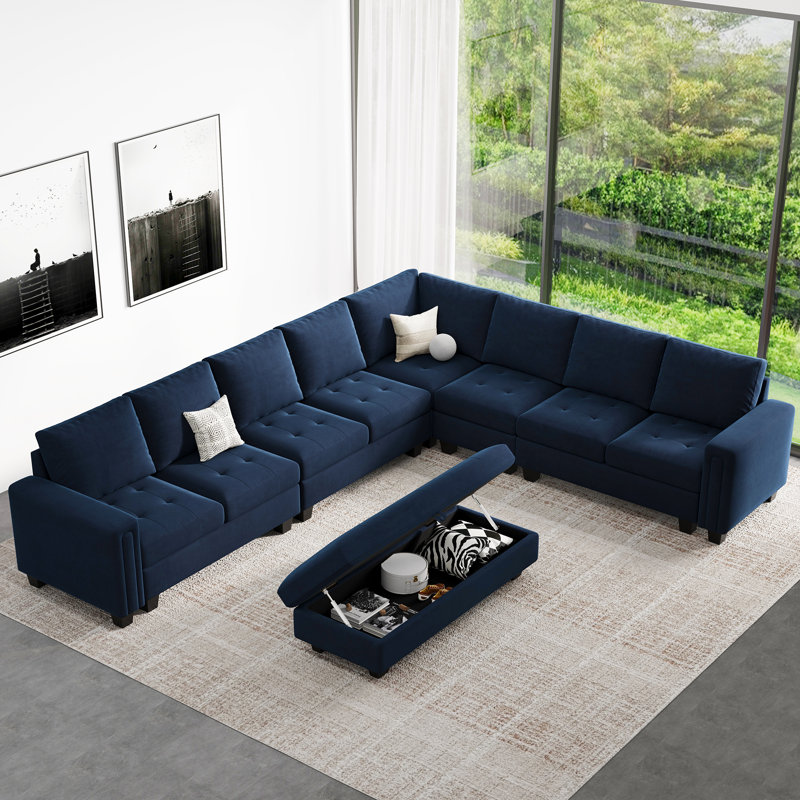 Shavera 7 - Piece Velvet Upholstered Sectional Sofa Large L shaped Livingroom Couch with Storage Ottoman, Blue Velvet