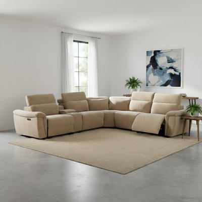 5-Seater Power Reclining Sectional Sofa with USB, Type-C Charging Ports & Storage Console, Brown