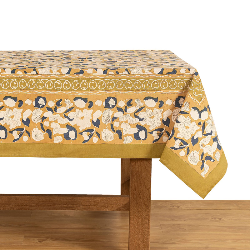 Forest Harvest Handmade Floral Tablecloth, Mustard/Blue, 142" x 71"