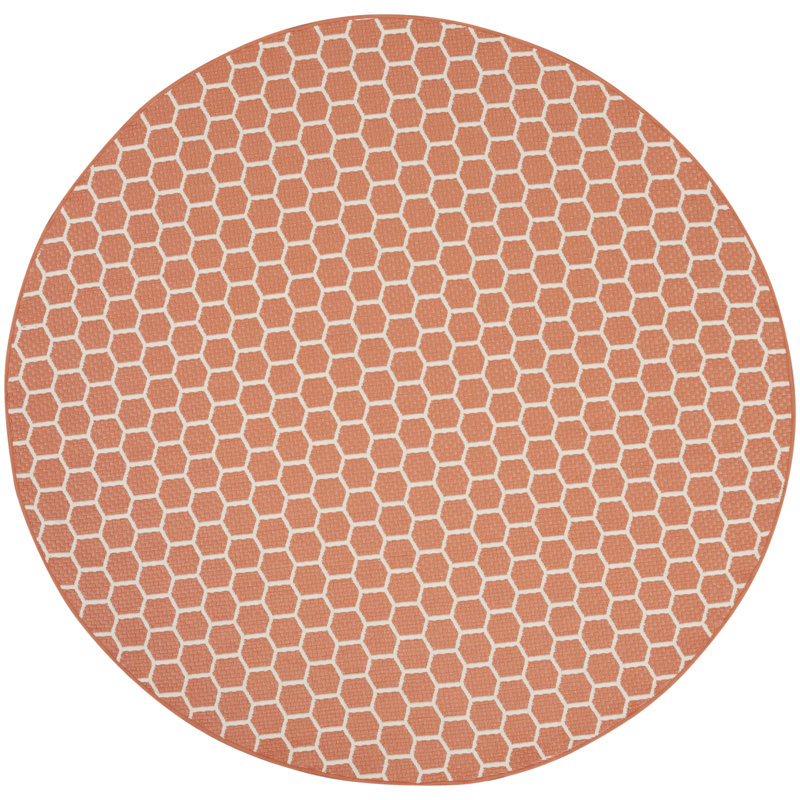 Casie Geometric Reversible Indoor / Outdoor Area Rug in Orange, Round 8'