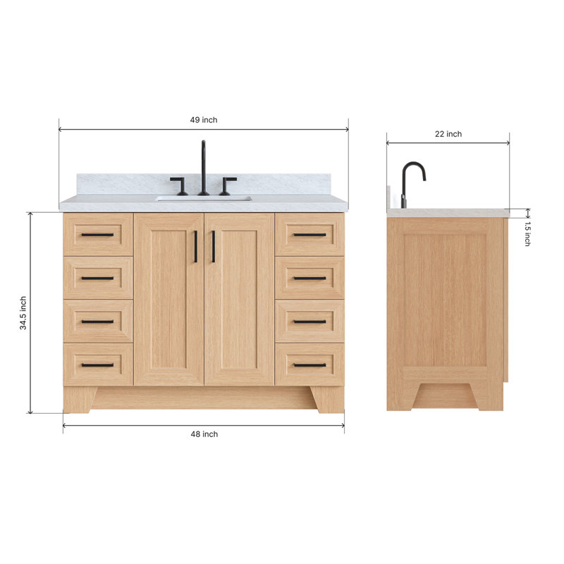 Freitas 48'' Solid Wood Single Bathroom Vanity, Rectangle, Natural Oak, Carrara Marble