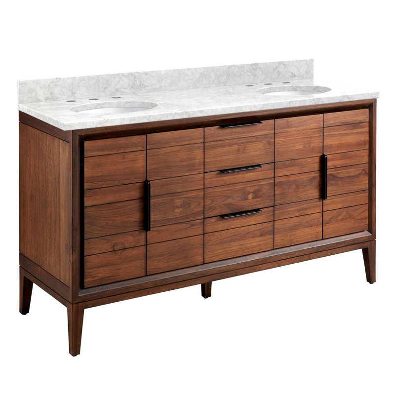 Meuble-lavabo double 72 po Aliso, Carrara Marble / Natural Teak, H 34 po x l 60 po x P 22 po, 8 po