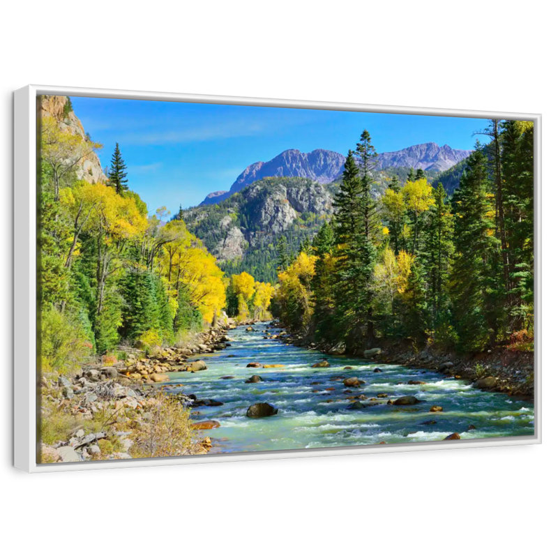 Montagne avec rivière, Cadre flottant blanc, 31 po x 21 po