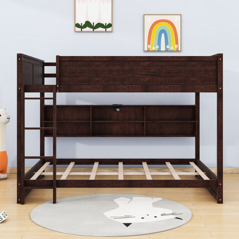 Queen Over Queen Bunk Bed With Cabinets And Charging Station, Brown