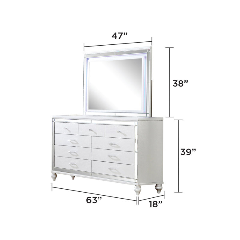 Mirror Framed 9- Drawer Dresser Made With Wood, White