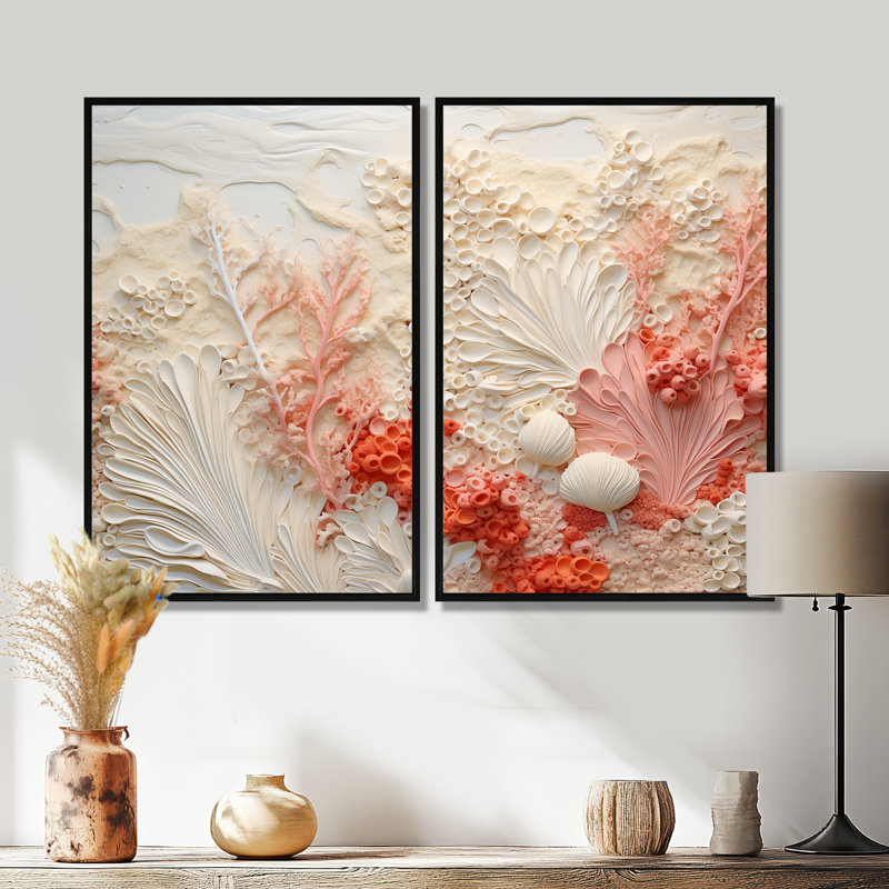 Collage corail rose et blanc V - art mural côtier 2 pièces, 36" H x 48" W, Floater Framed Print, Black